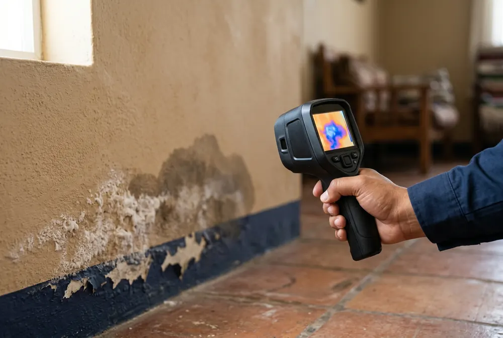 A thermal camera showing a cold, wet area on a wall with peeling paint and salt damage