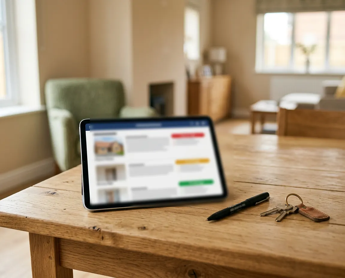 A tablet on a table showing an inspection report with photos and colored priority labels, next to a pen and house keys