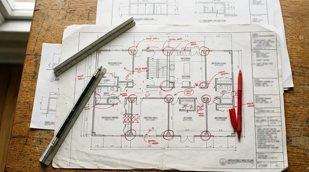 Printed architectural plans with red review markups, a scale ruler and a pen