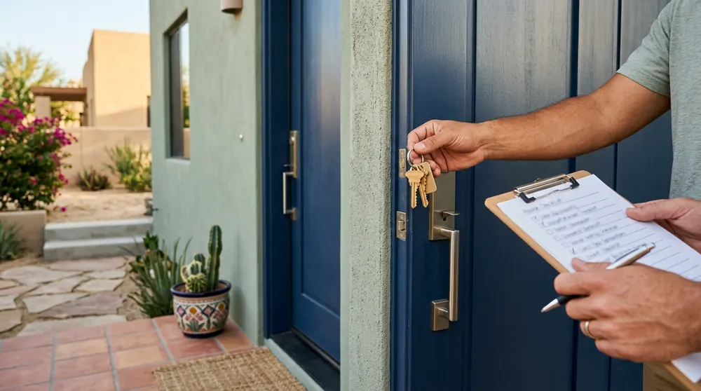 A hand unlocking the front door of a new home while another holds a clipboard checklist